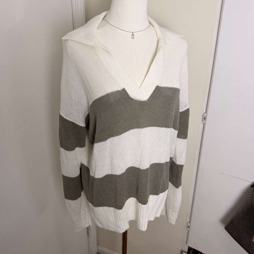 Haven Well Within Popover Sweater Sz L Linen Organic Cotton Green/White Striped